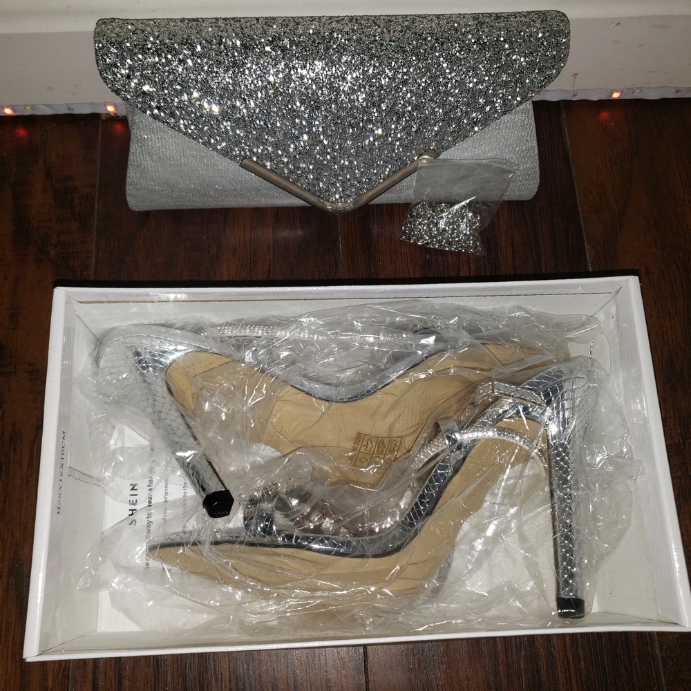 Silver Glitter Clutch and Heels Set
